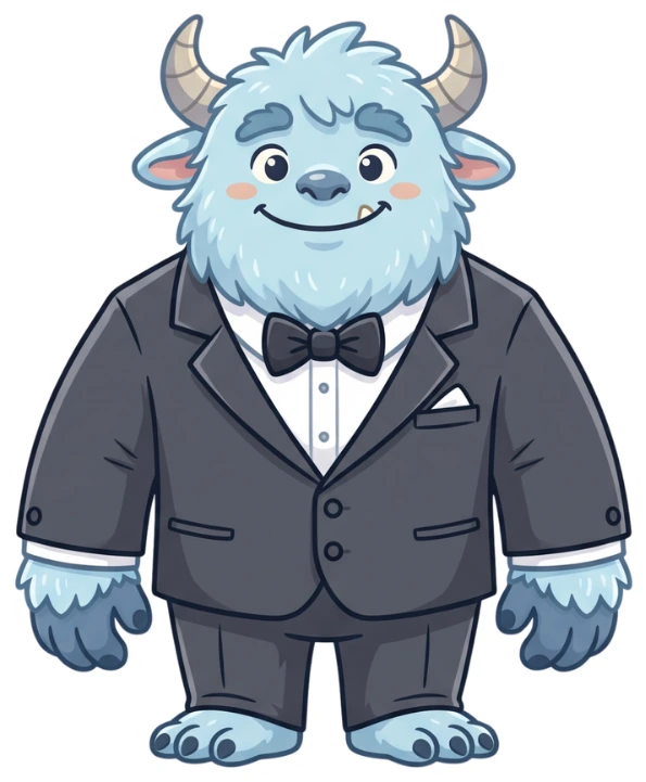 The MAMMAM creature: a shaggy blue monster with curved horns, wearing a black tuxedo and bow tie.
